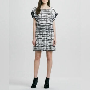 Alice + Olivia  Large Matilda Dress Leather Trim Black White Career Minimalist